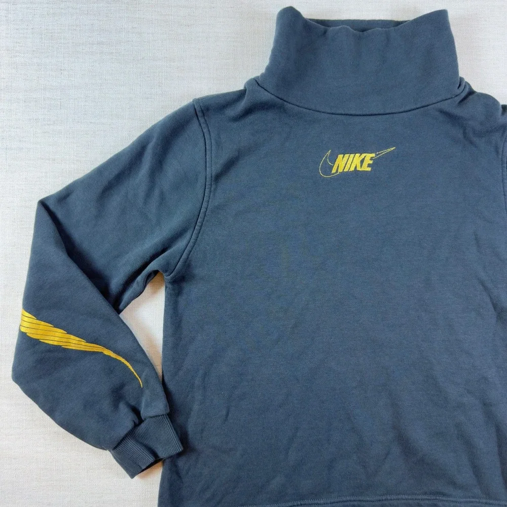 Nike Girls XL Turtleneck Fleece Sweatshirt Blue Gold Graphic High Low Pullover